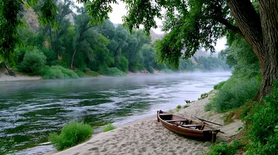 Wooden Rowboat Resting On A Misty Riverbank