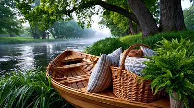 Wooden Rowboat With Picnic Basket On Misty Riverbank