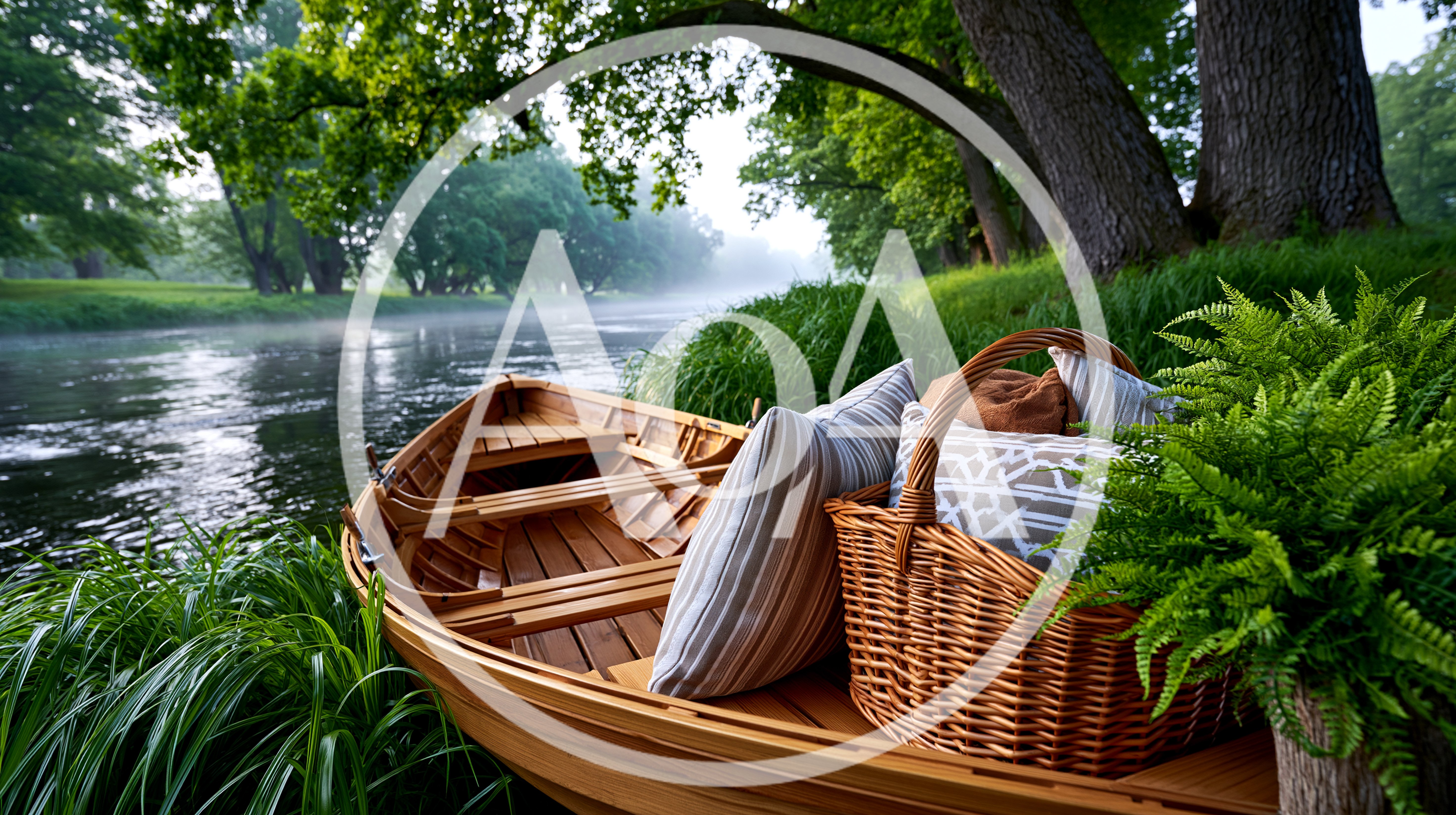 Wooden Rowboat With Picnic Basket On Misty Riverbank