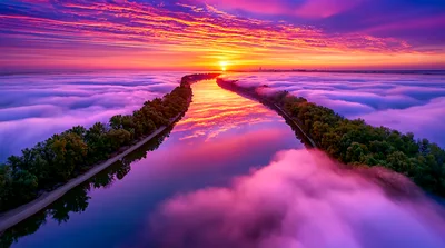 Aerial View Of A River Flowing Through Thick Fog