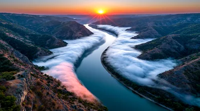 Aerial View Of A Winding River At Sunrise
