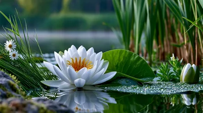 White Water Lily Blooming In A Calm Pond
