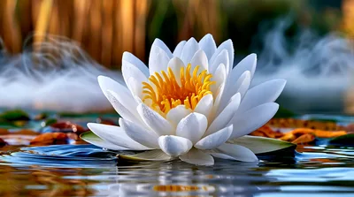 White Water Lily Floating On Calm Pond Surface