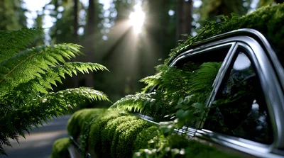 Abandoned Vintage Car Overgrown With Moss And Ferns