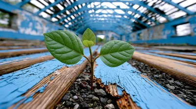 Small Green Plant Growing Through Abandoned Blue Wooden Floor