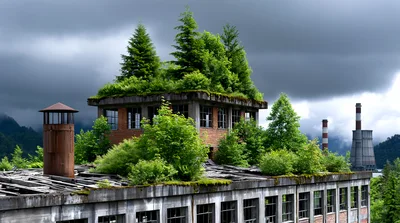 Abandoned Industrial Building Overgrown With Trees And Vegetation