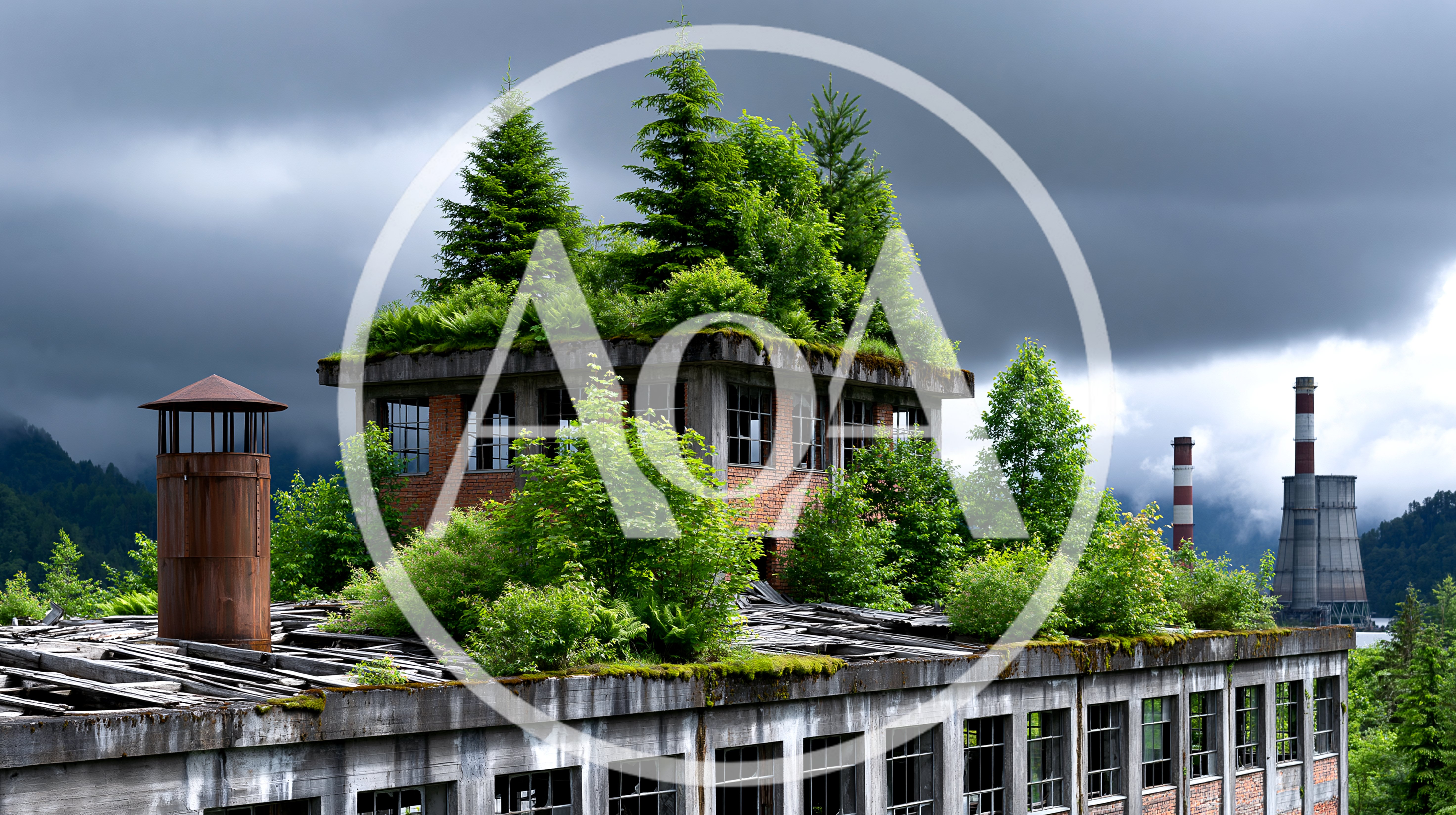 Abandoned Industrial Building Overgrown With Trees And Vegetation