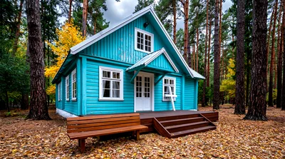 Turquoise Wooden Cabin In An Autumn Forest
