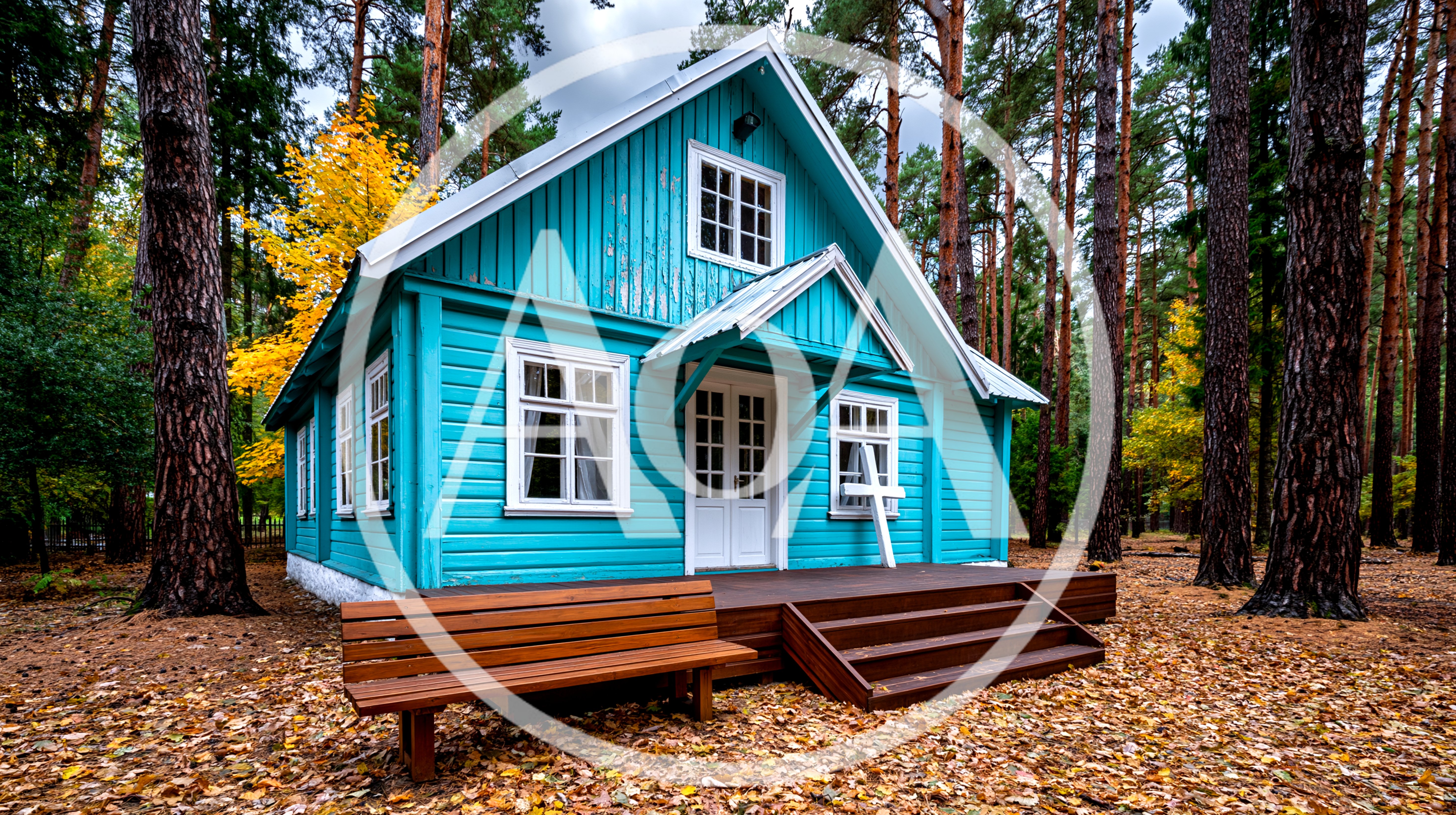 Turquoise Wooden Cabin In An Autumn Forest