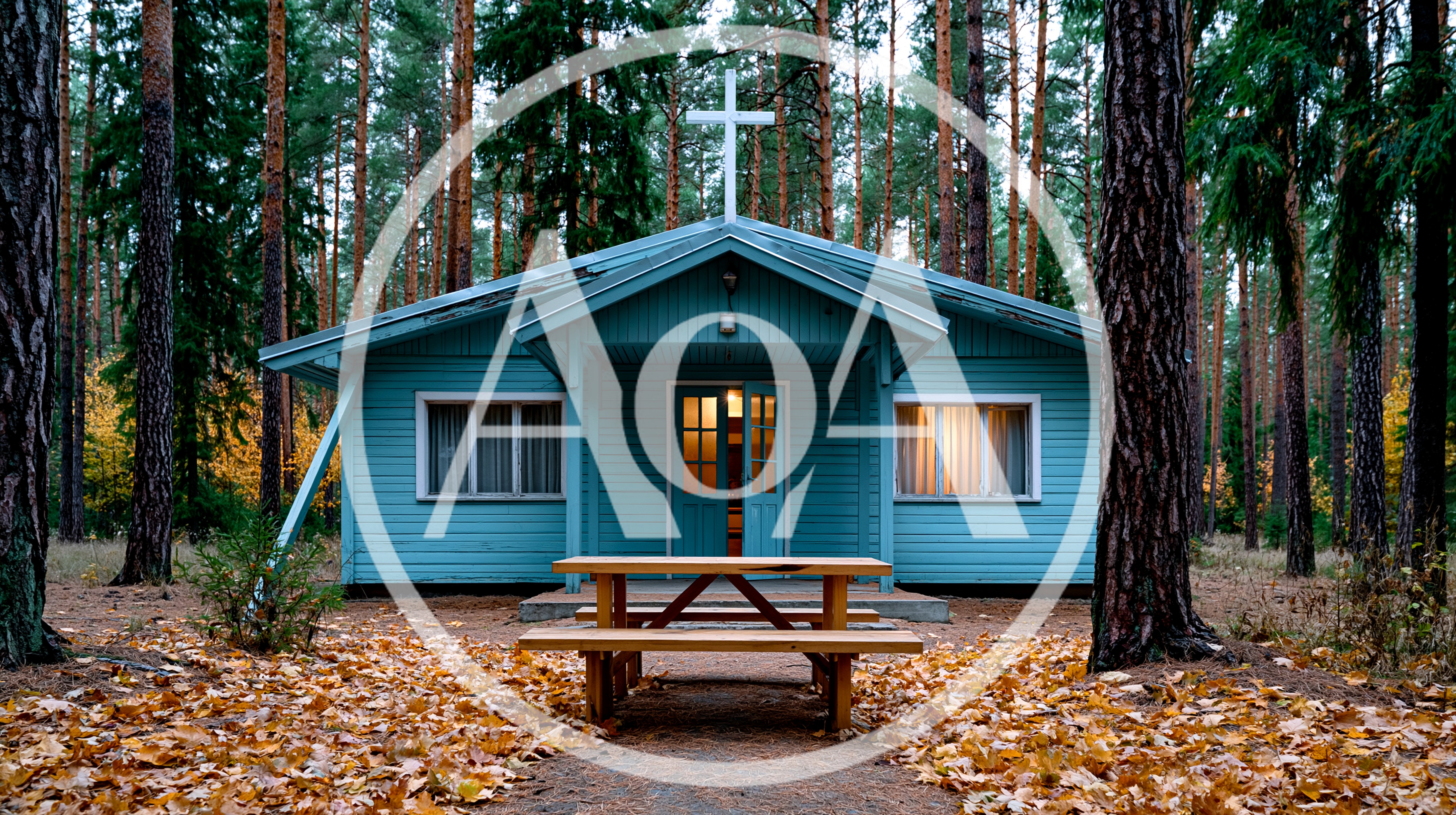 Small Blue Church Cabin in Autumn Forest
