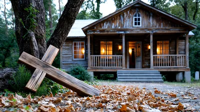 Wooden Cross Resting Near An Old Cabin In Autumn
