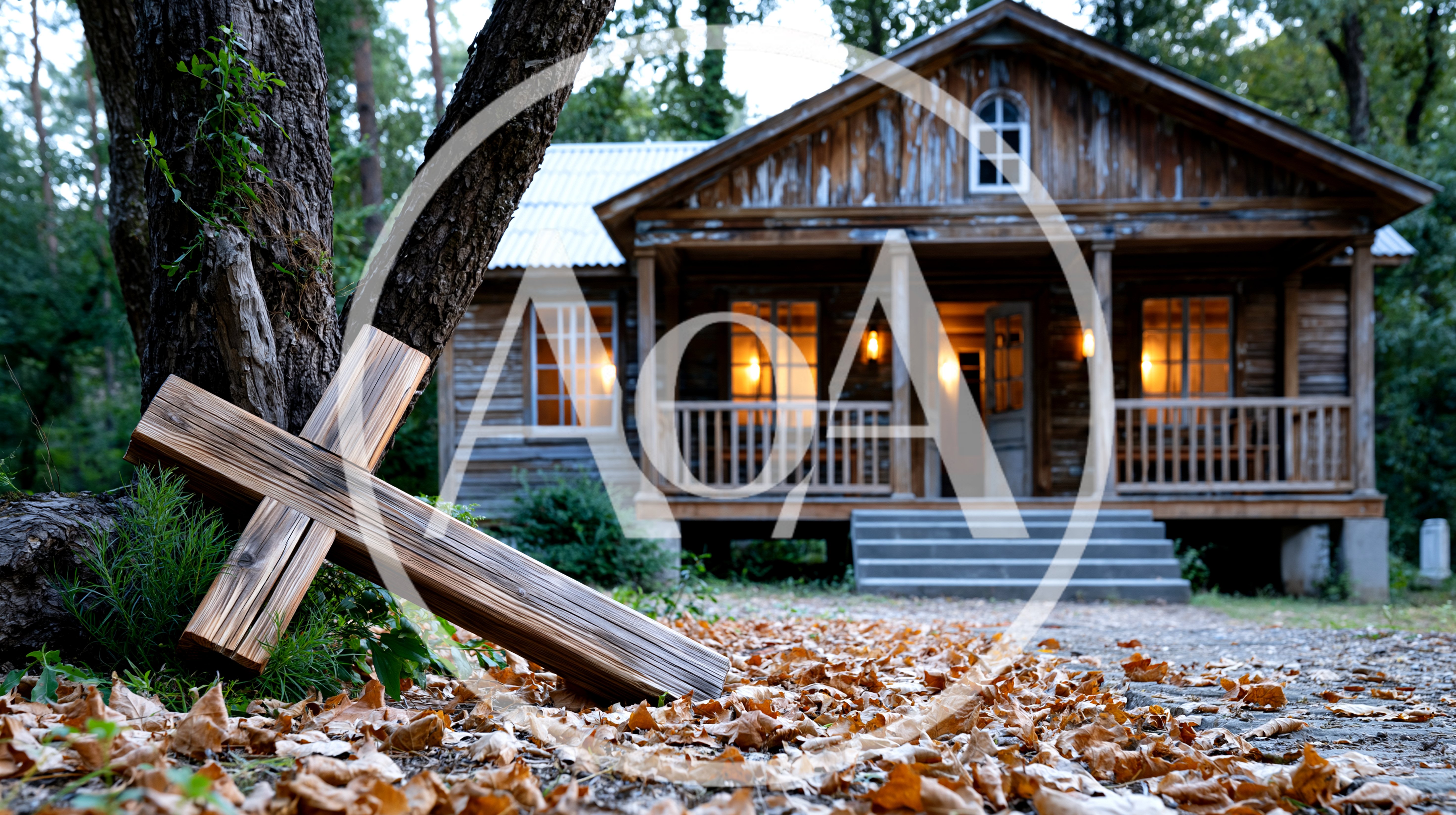 Wooden Cross Resting Near An Old Cabin In Autumn