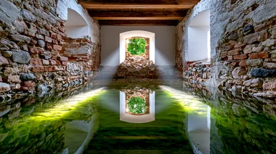 Flooded Ancient Stone Ruins With Sunlight Reflection