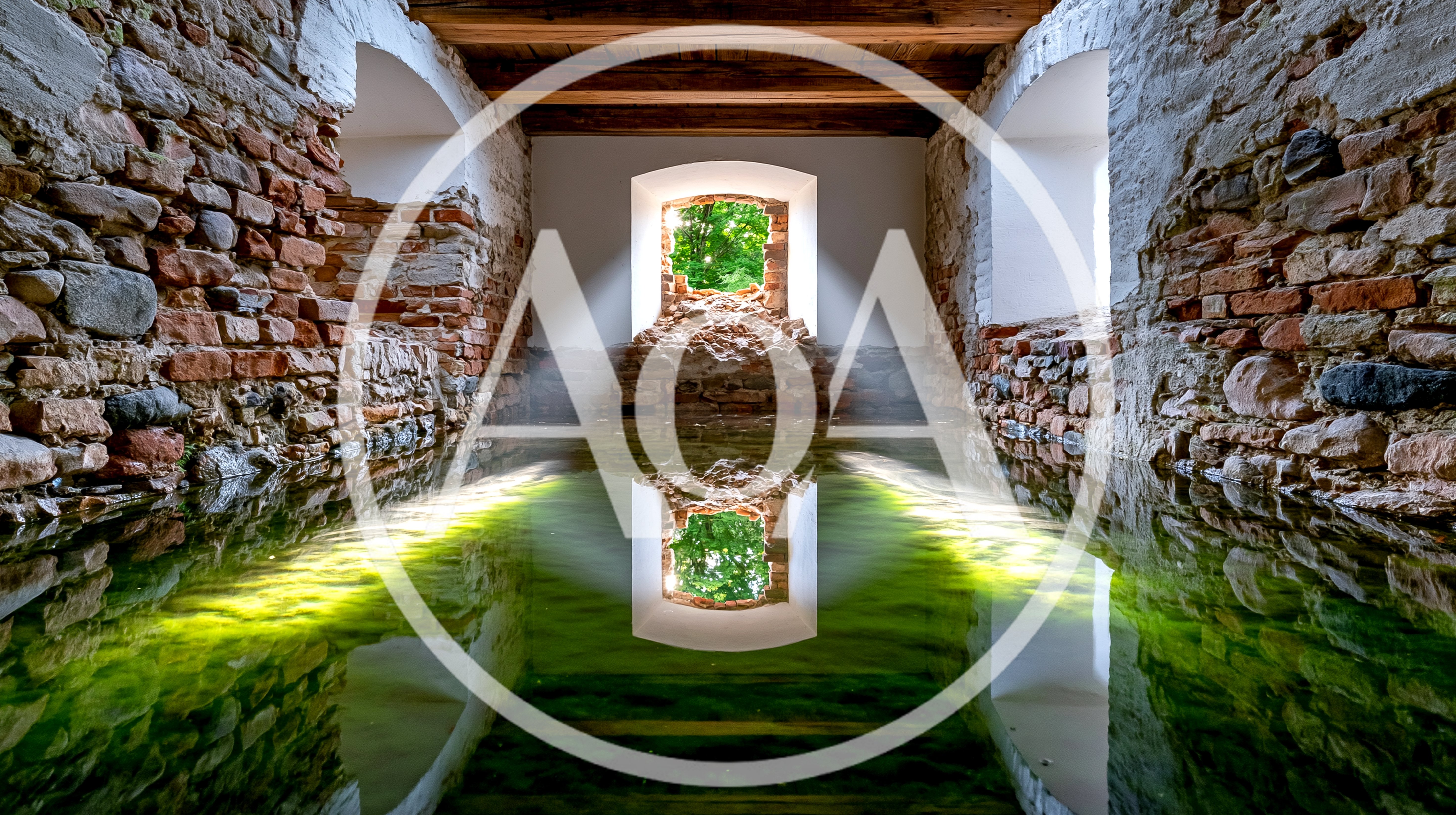 Flooded Ancient Stone Ruins With Sunlight Reflection