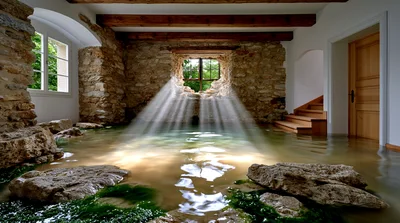 Flooded Stone Room With Sunbeams Streaming Through Window