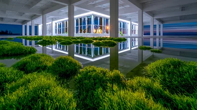 Modern Architectural Installation With Reflective Water And Greenery