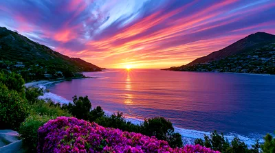 Vibrant Sunset Over Coastal Mountains And Ocean Bay
