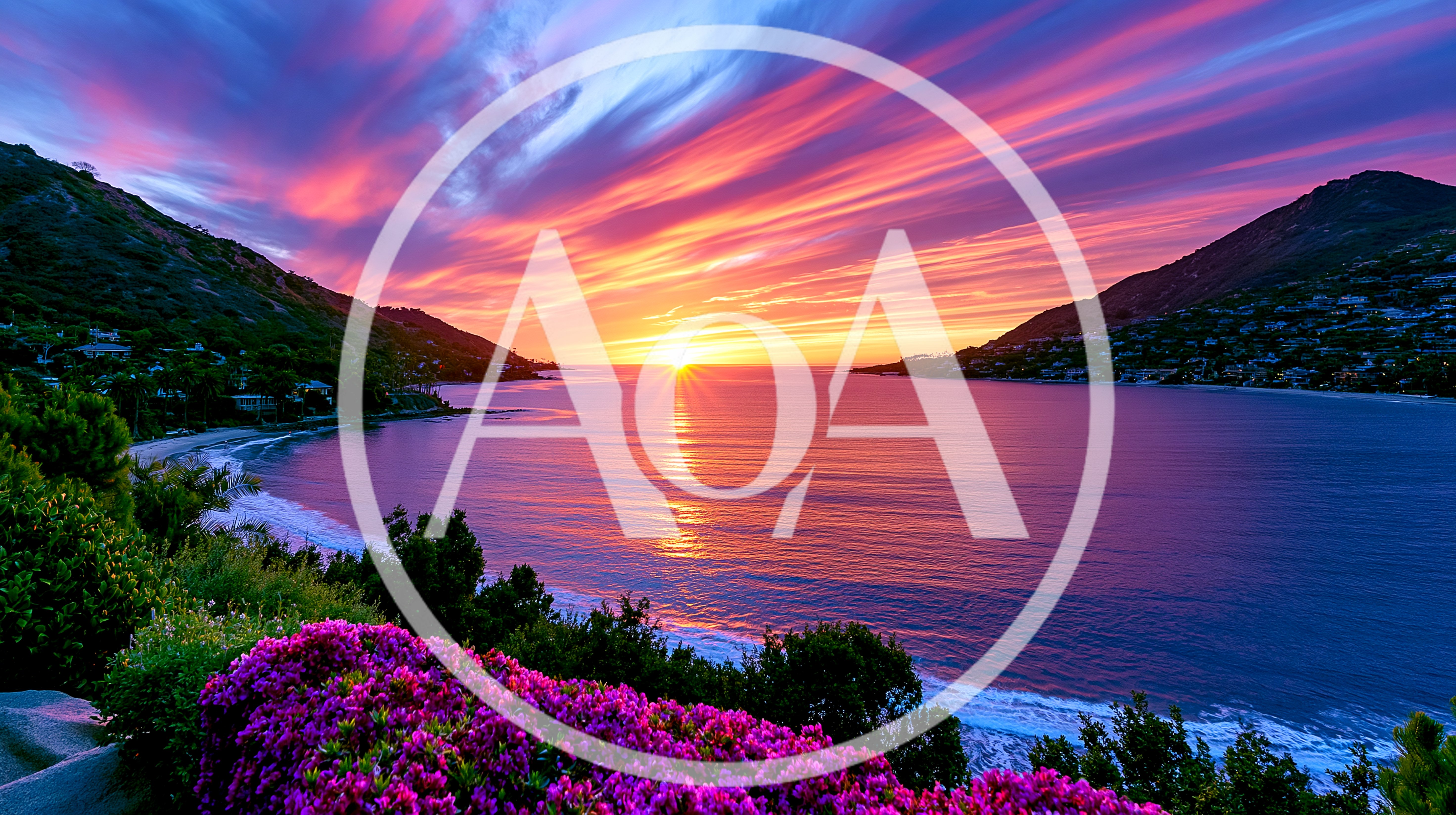 Vibrant Sunset Over Coastal Mountains And Ocean Bay
