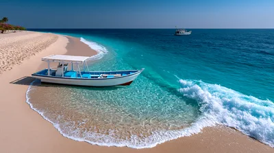 White Boat Anchored On Tropical Beach Shoreline