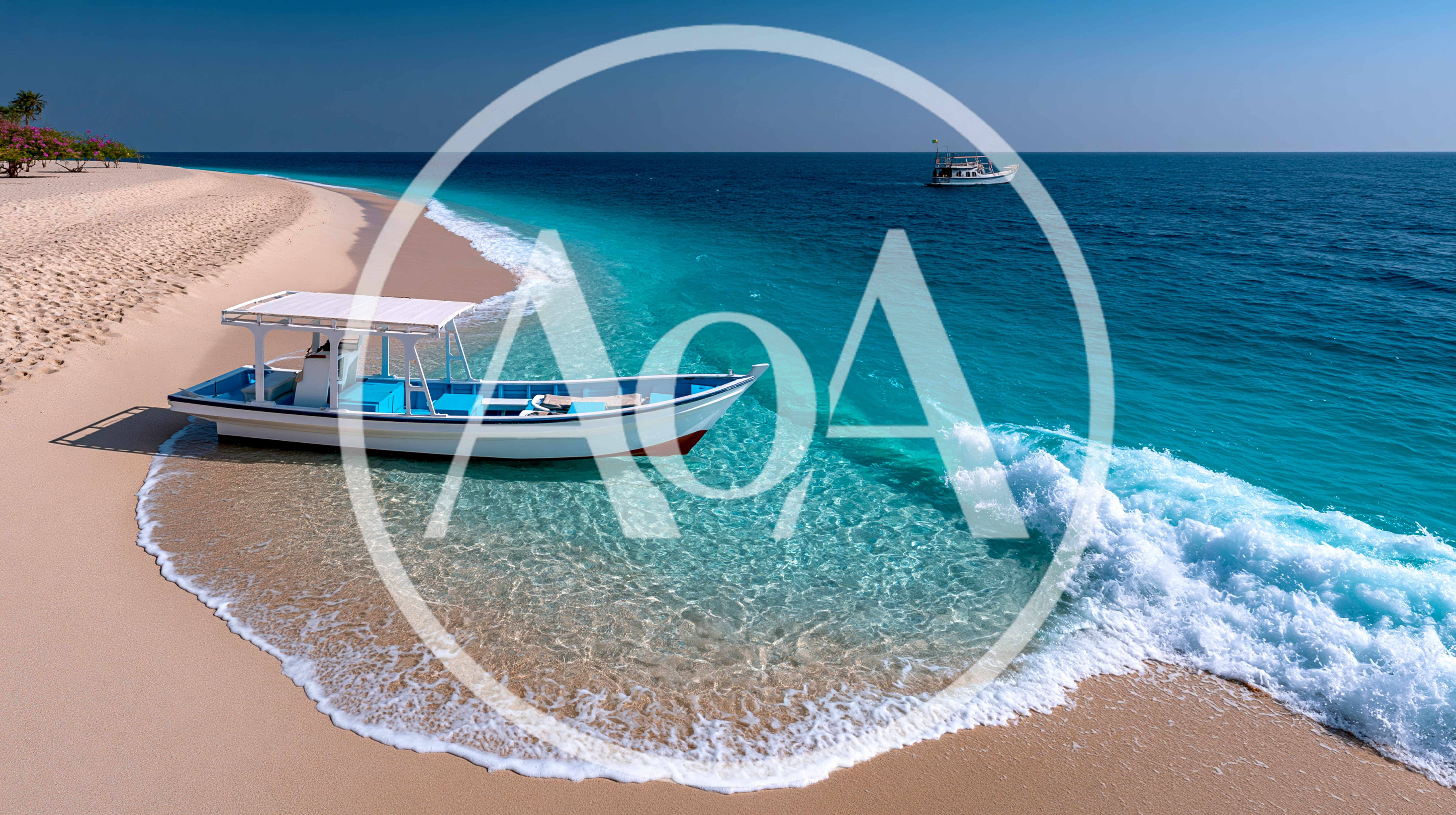 White Boat Anchored On Tropical Beach Shoreline