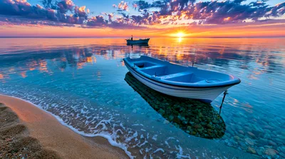 Blue Rowboat Moored In Calm Crystal Clear Tropical Water