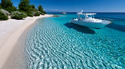 White Motorboat Anchored In Crystal Clear Tropical Waters