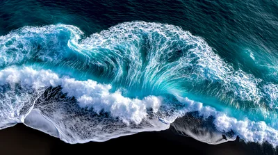 Aerial View Of Crashing Ocean Wave On Black Sand