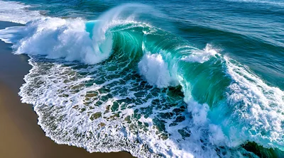 Aerial View Of A Crashing Turquoise Ocean Wave
