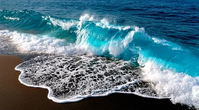Turquoise Ocean Wave Crashing On Dark Sand Beach