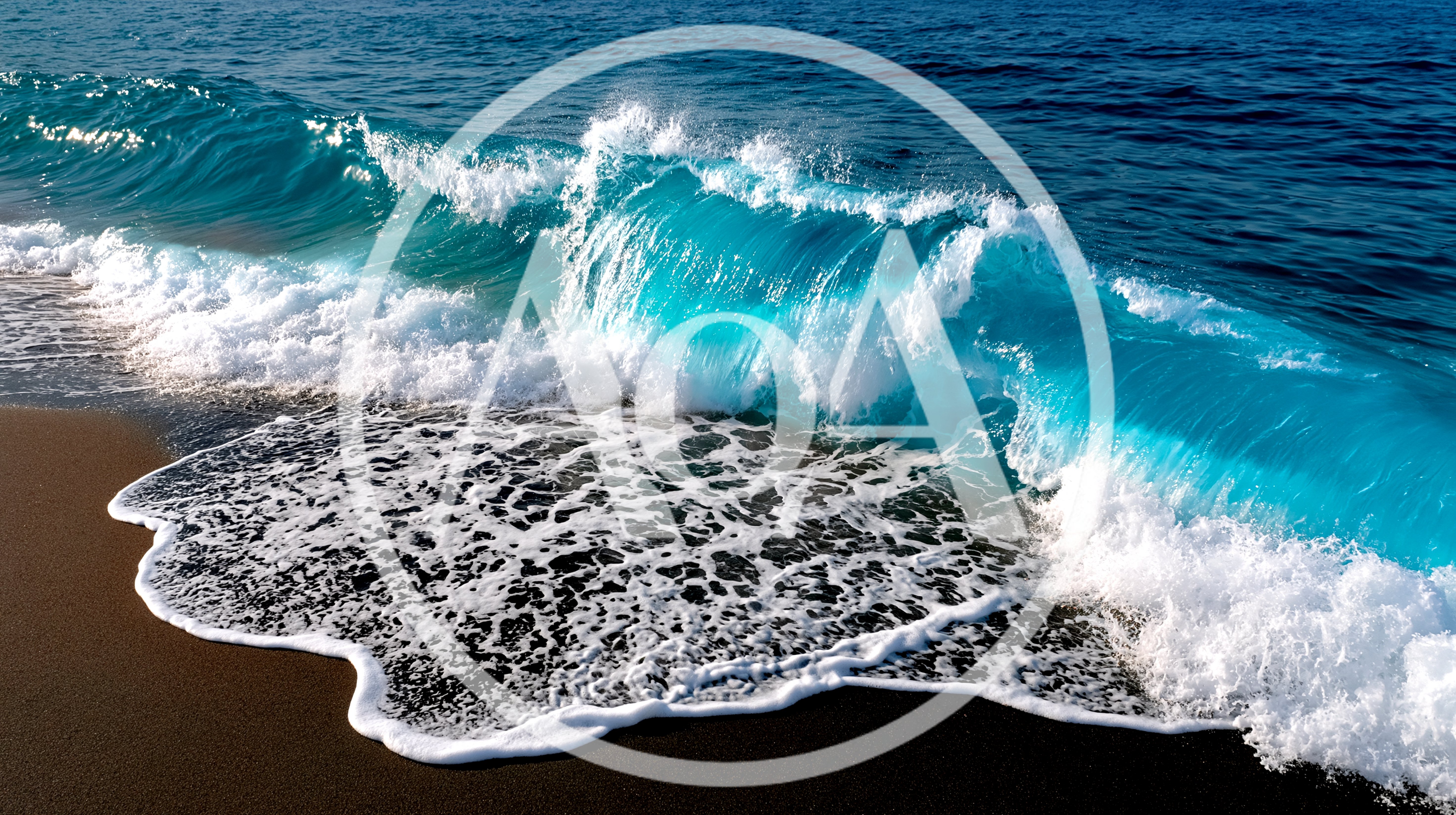 Turquoise Ocean Wave Crashing On Dark Sand Beach