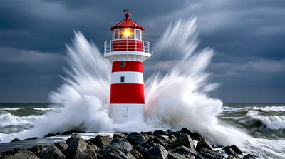 Red and White Lighthouse Amidst Crashing Ocean Waves