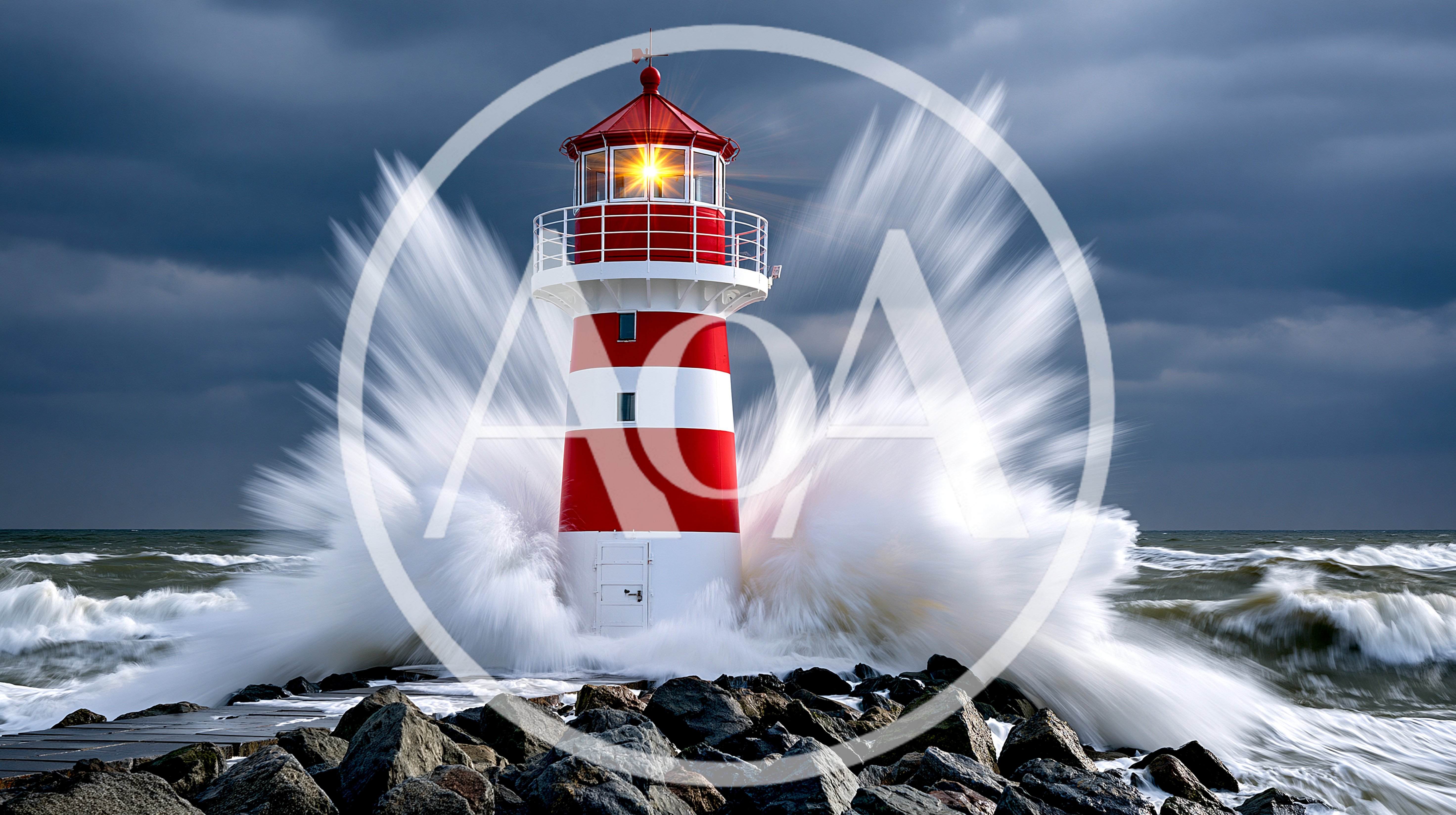 Red and White Lighthouse Amidst Crashing Ocean Waves