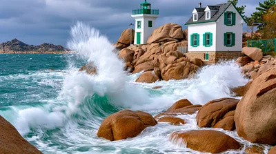 Ploumanac'h Lighthouse Crashing Waves On Pink Granite Coast