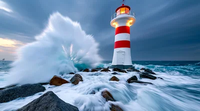 Red And White Lighthouse With Crashing Ocean Waves