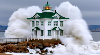 Lighthouse Surrounded By Massive Crashing Ocean Waves