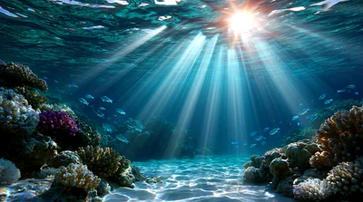 Sunlight Beams Piercing Through Clear Tropical Ocean Water