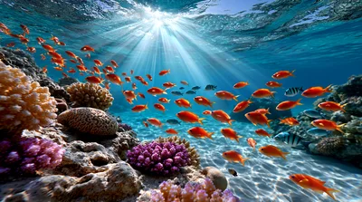 School Of Tropical Fish Swimming Over Vibrant Coral Reef