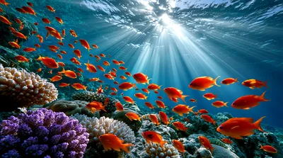 School Of Orange Anthias Fish Swimming Over Coral Reef