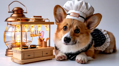 Corgi Chef Wearing A Hat Next To Miniature Kitchen