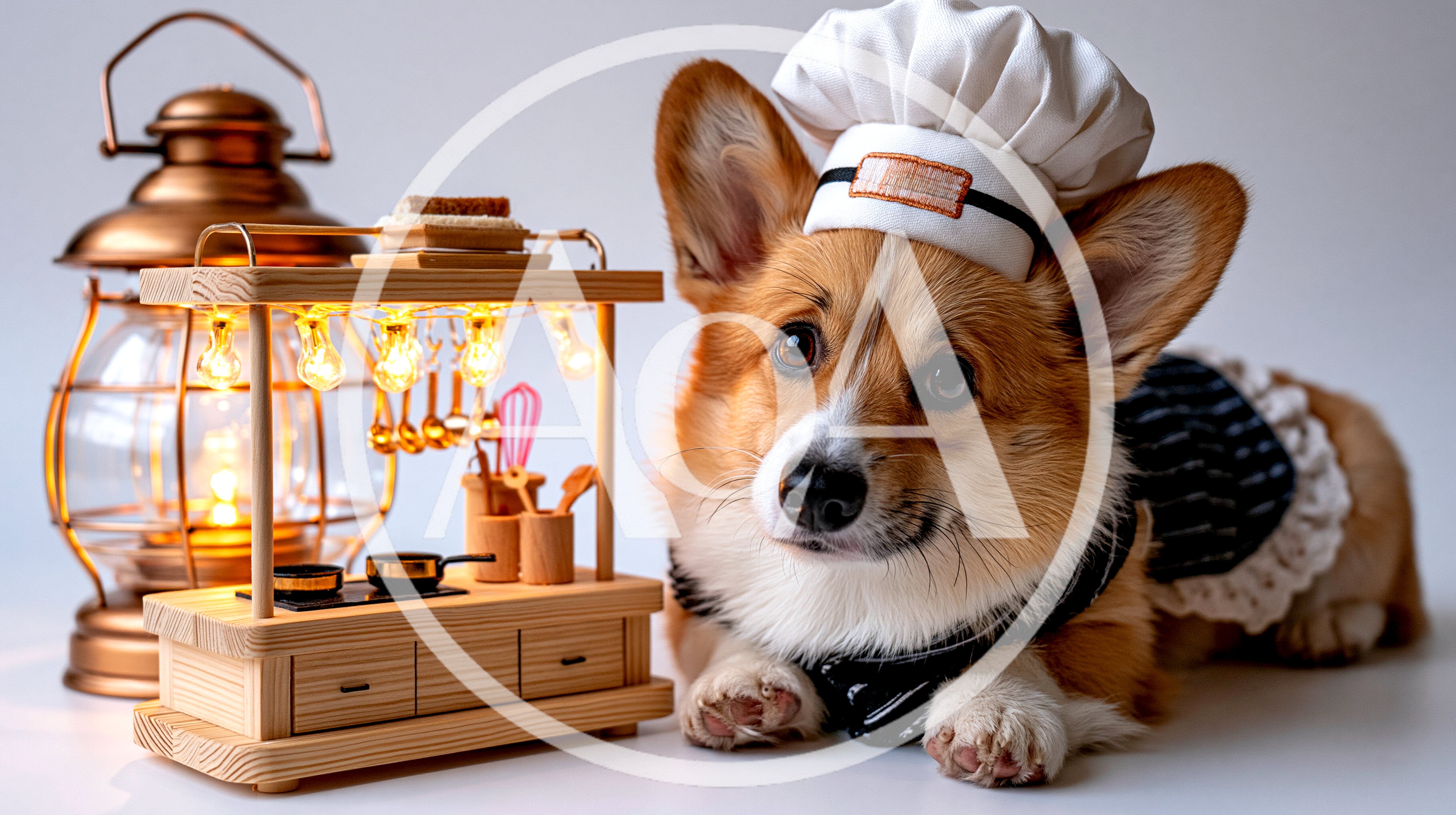 Corgi Chef Wearing A Hat Next To Miniature Kitchen