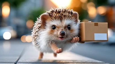 Cute Hedgehog Running With A Small Cardboard Package