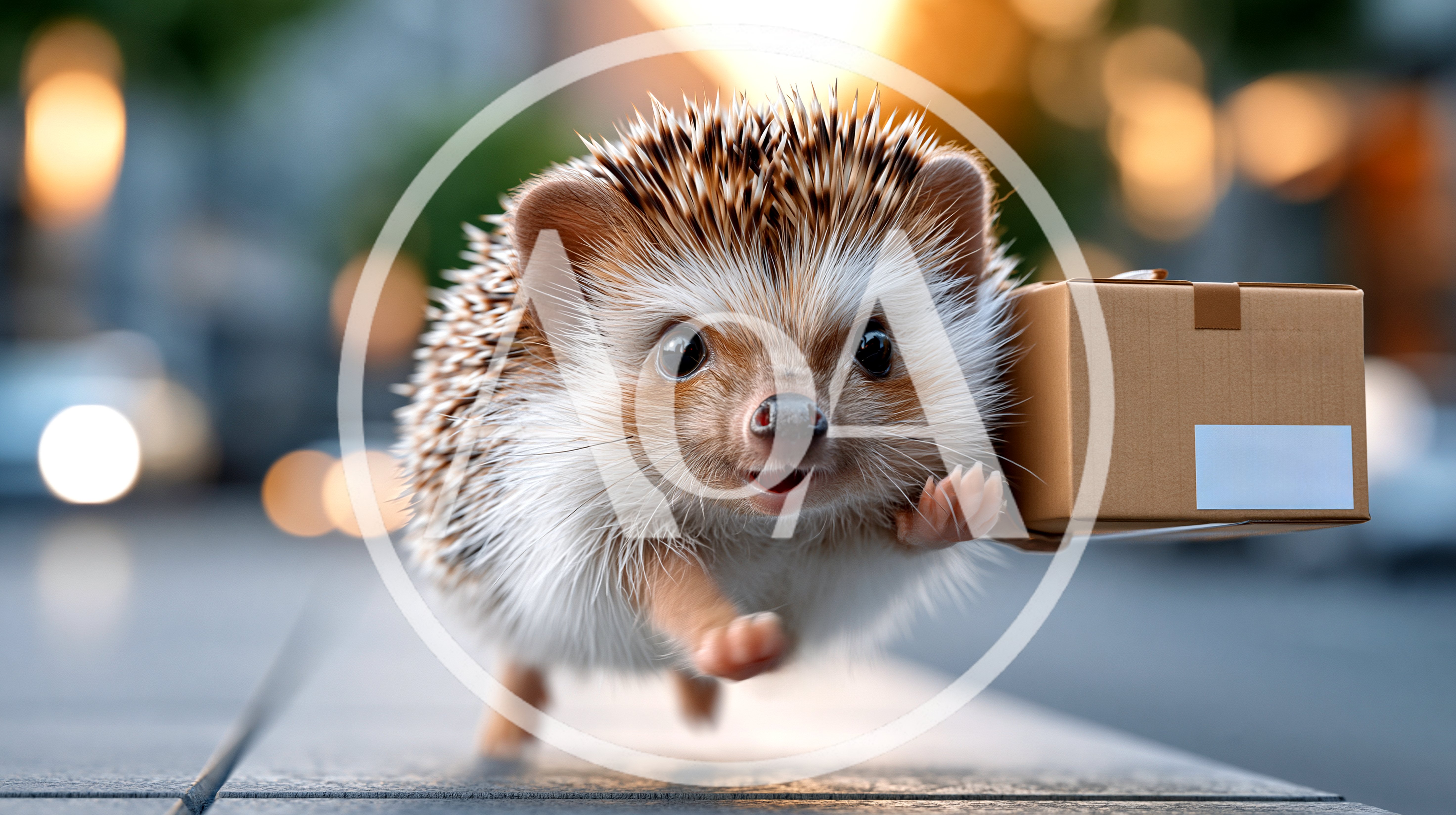 Cute Hedgehog Running With A Small Cardboard Package