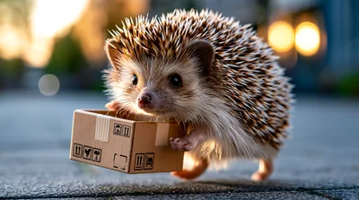 Cute Hedgehog Carrying A Small Cardboard Shipping Box