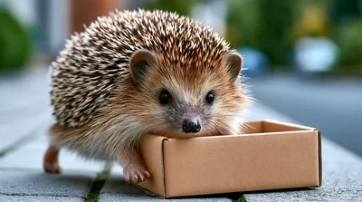 Small Hedgehog Exploring A Cardboard Box Outdoors