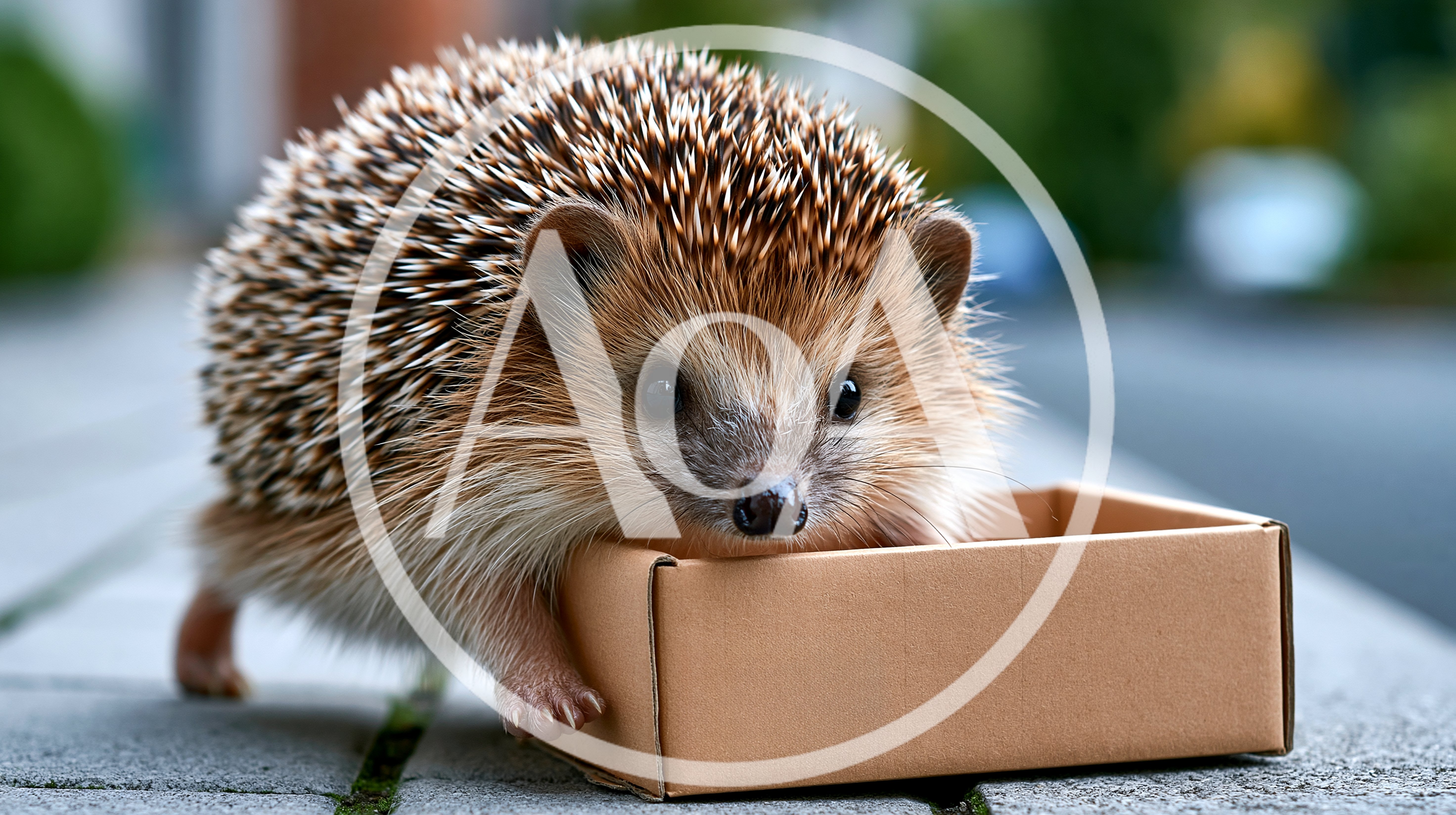 Small Hedgehog Exploring A Cardboard Box Outdoors