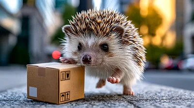 Cute Hedgehog Standing Next To A Small Cardboard Box