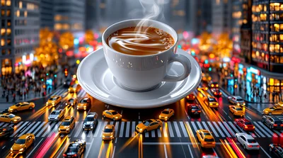 Giant Coffee Cup Floating Above Busy City Intersection