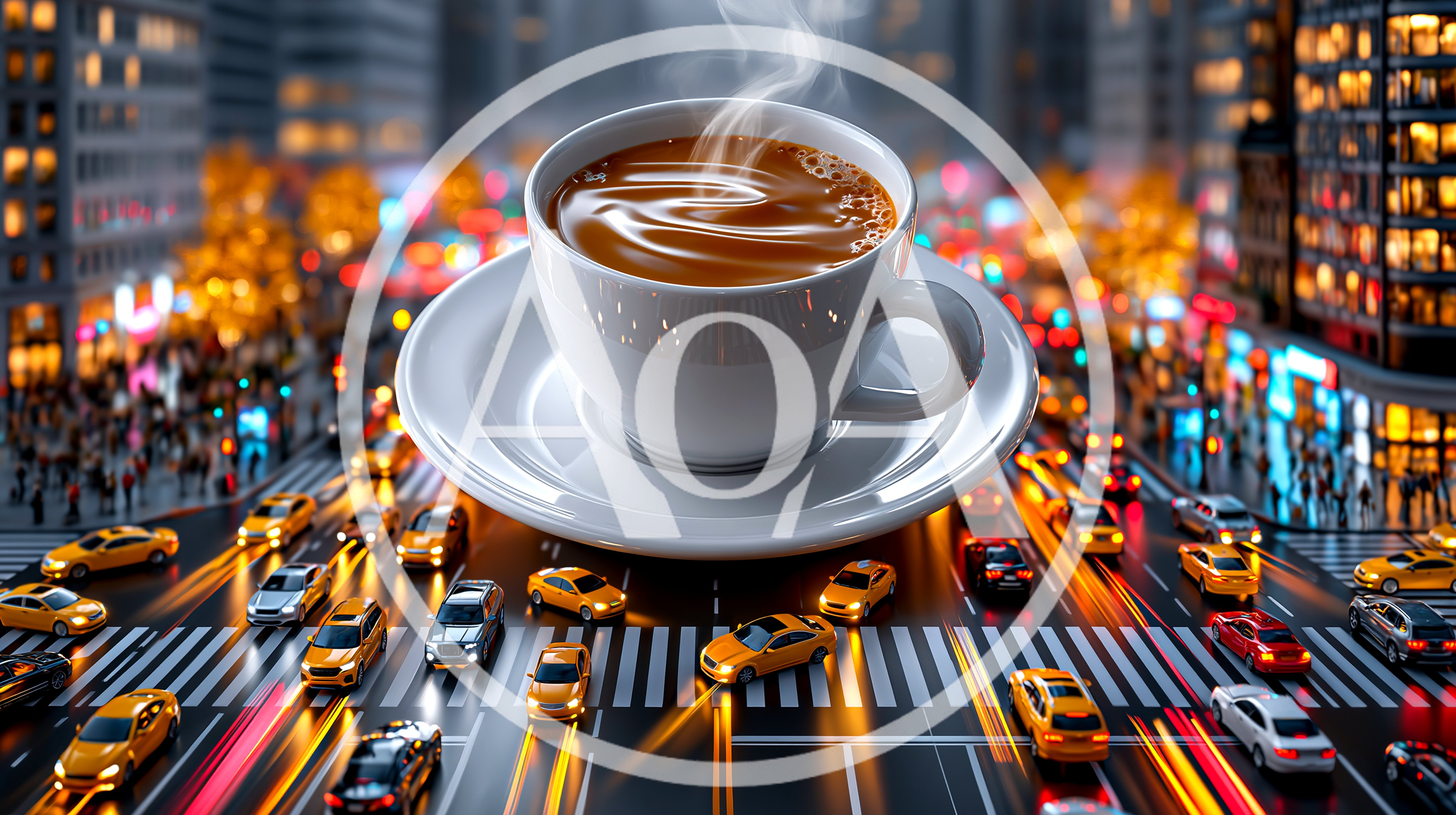 Giant Coffee Cup Floating Above Busy City Intersection