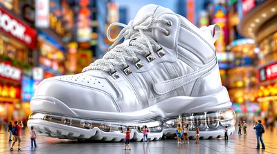 Giant White Sneaker In A Busy City Street
