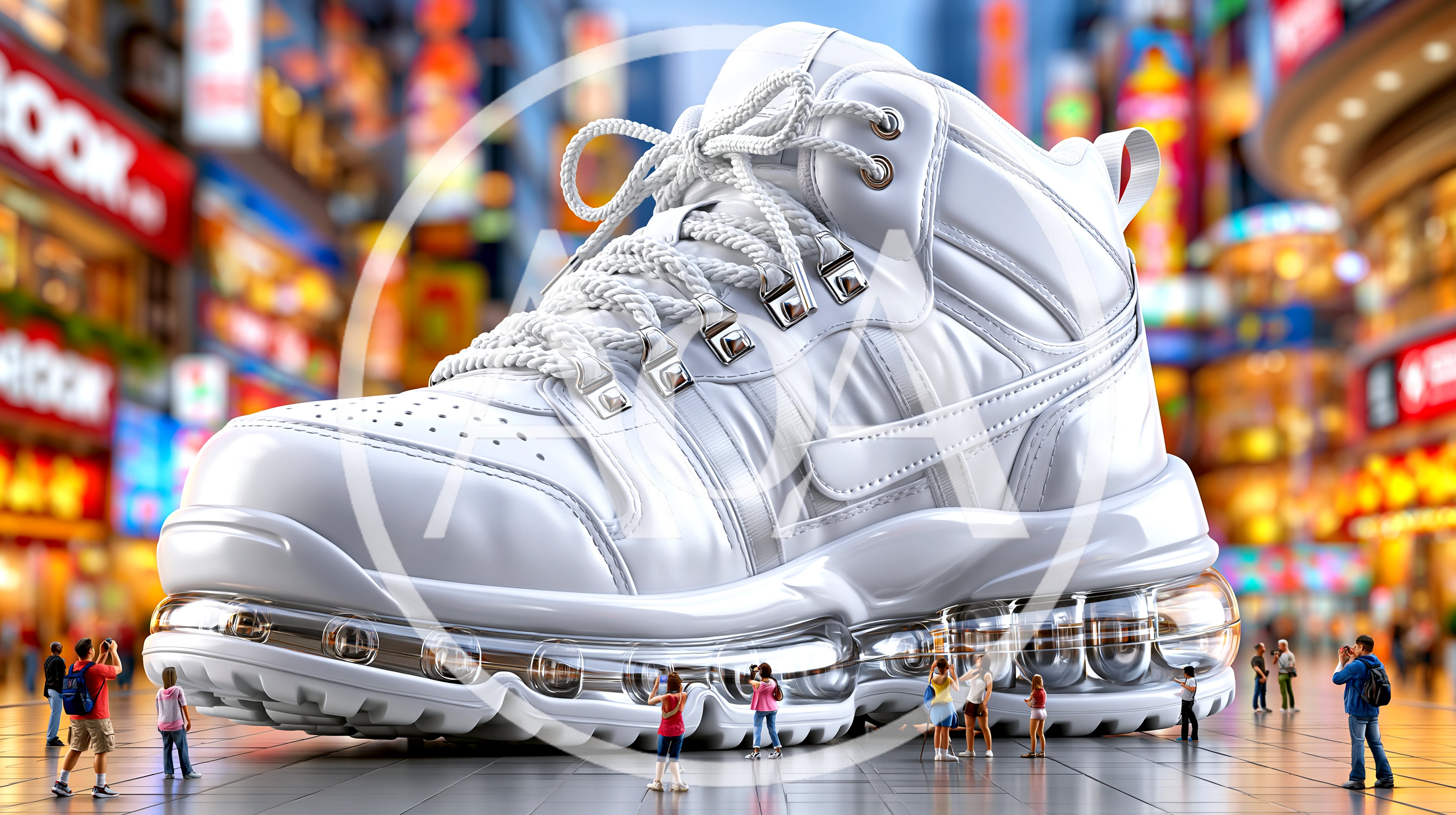 Giant White Sneaker In A Busy City Street